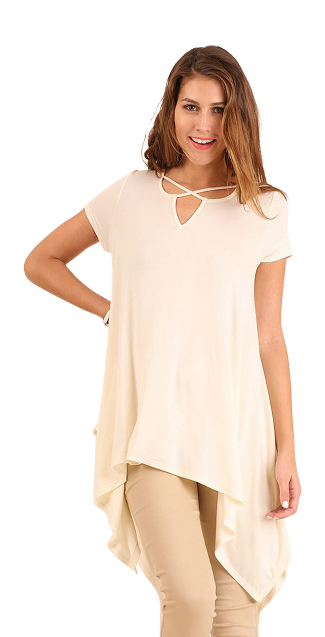 Handkerchief Hem Short Sleeve Top, Cream
