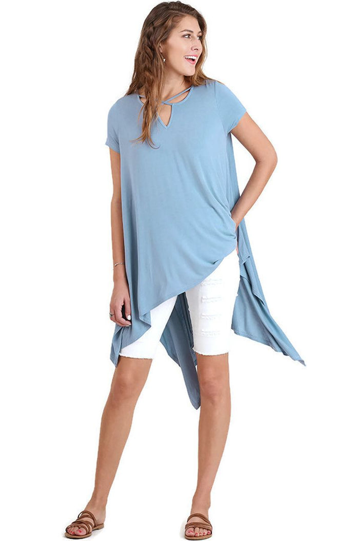 Handkerchief Hem Short Sleeve Top, Blue