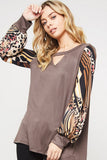 Striped & Leopard Keyhole Top, Brown