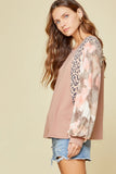 Mixed Print Balloon Sleeve Top, Mauve