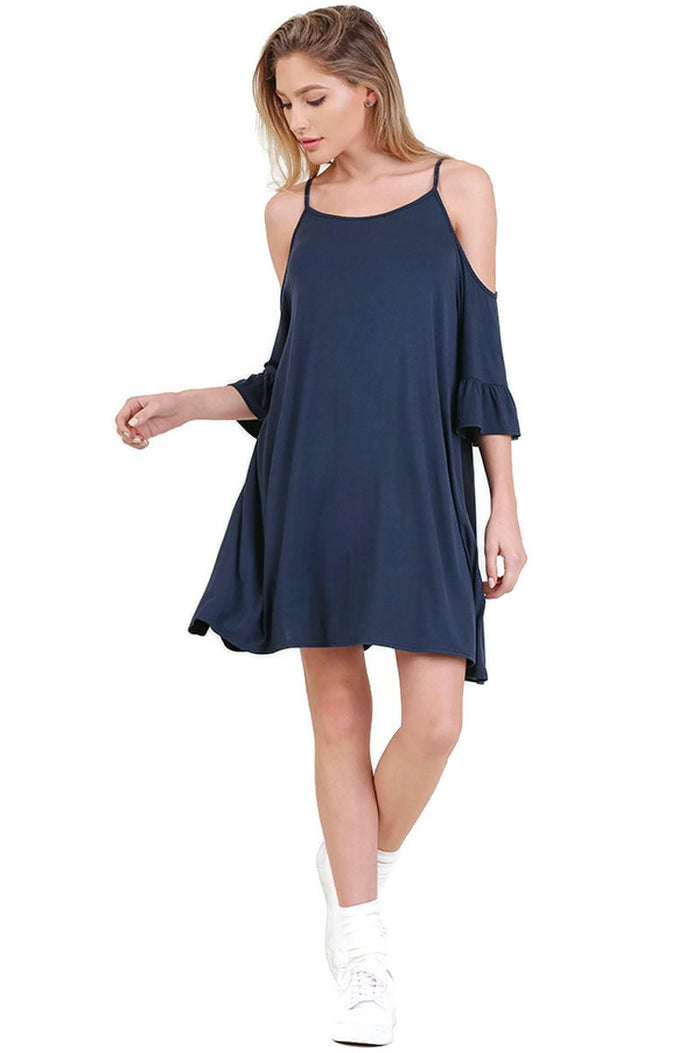 Open Shoulder Ruffle Sleeve Dress,  Navy
