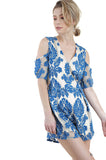 Floral Embroidered Cold Shoulder Romper, Cobalt