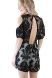 Floral Embroidered Cold Shoulder Romper, Black