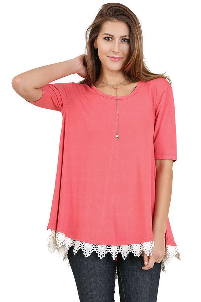 Crochet Trim Lace Up Drawstring Top, Coral