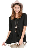 Crochet Trim Lace Up Drawstring Top, Black