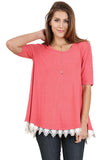 Crochet Trim Lace Up Drawstring Top, Coral