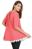Crochet Trim Lace Up Drawstring Top, Coral