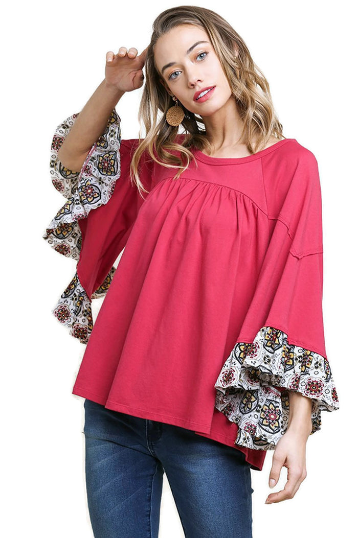 Medallion Ruffled Bell Sleeve Top, Berry