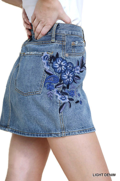 Floral Embroidered Mini Skirt, Light Denim – Violet Skye