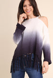Ombre Cold Shoulder Fringe Sweater, Navy