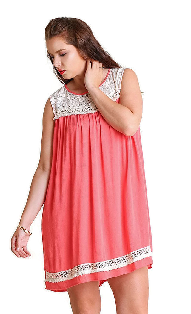 Lace & Fringe Sleeveless Dress, Coral