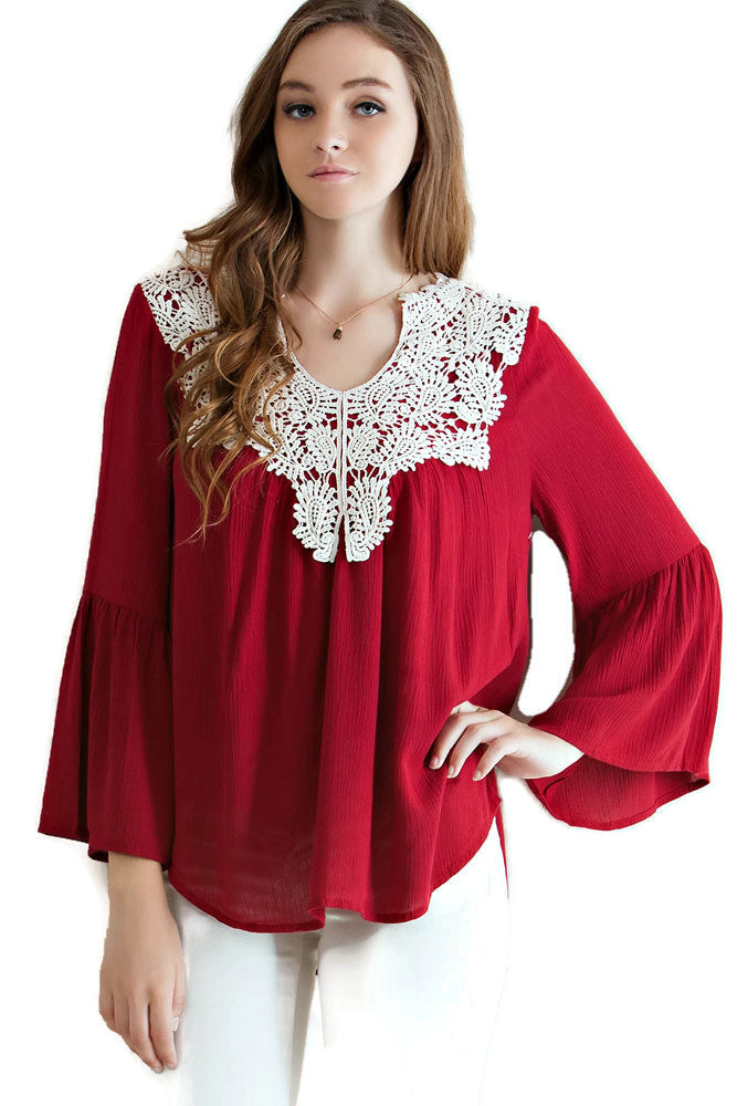 Bell Sleeve Crochet Top, Burgundy