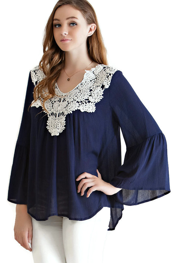 Bell Sleeve Crochet Top, Navy