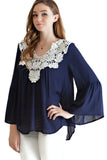 Bell Sleeve Crochet Top, Navy