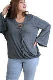 Drawstring Neckline Bell Sleeve Top, Ash