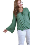 Drawstring Neckline Bell Sleeve Top, Sage