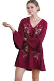 Floral Embroidered Bell Sleeve Dress, Wine