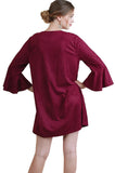 Floral Embroidered Bell Sleeve Dress, Wine