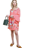Floral Print Bell Sleeve Mini Dress, Salmon