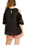 Floral Embroidered Peasant Top, Black