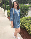 Embroidered Denim Dress, Blue