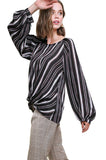 Striped Gathered Blouse, Black