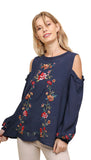 Umgee Floral Embroidered Crochet Trim Top, Navy