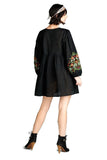 Floral Embroidered Peasant Dress, Black