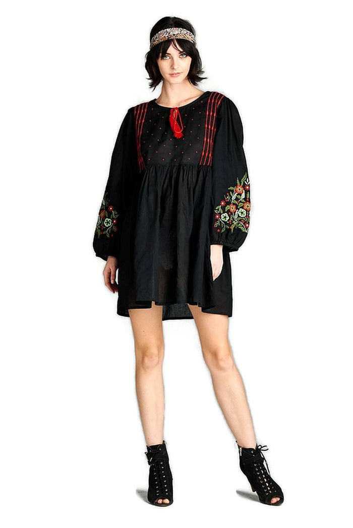 Floral Embroidered Peasant Dress, Black