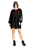 Floral Embroidered Peasant Dress, Black