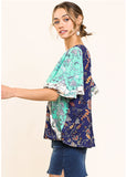 Floral Bell Sleeve Crossbody Top, Navy/Mint