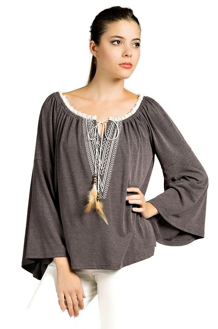 Embroidered Bell Sleeve Knit Top, Charcoal