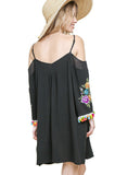 Floral Embroided Pom & Tassel Mini Dress, Black
