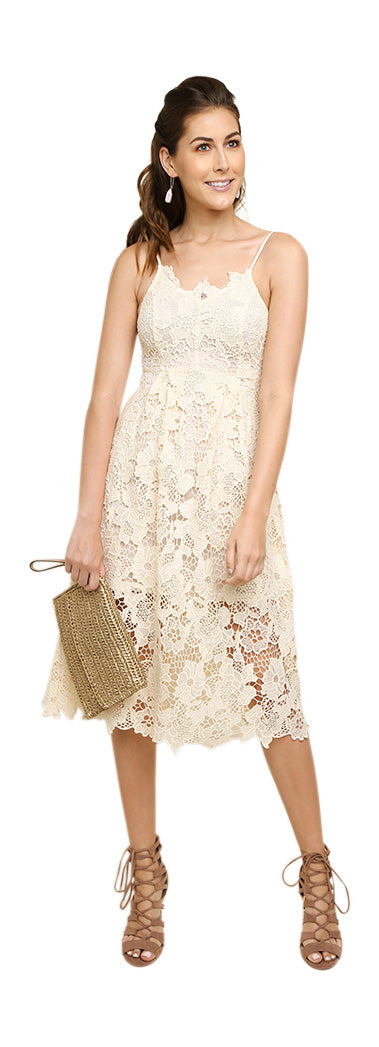 Floral Lace Applique Midi Dress, Cream