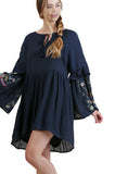 Ruffled Embroidered Keyhole Dress, Navy