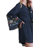 Ruffled Embroidered Keyhole Dress, Navy