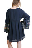 Ruffled Embroidered Keyhole Dress, Navy