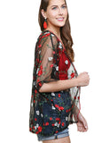Floral Embroidered Sheer Kimono, Black