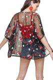 Floral Embroidered Sheer Kimono, Black