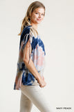 Tie Dye Cinched Sleeve Top, Navy /Peach