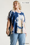 Tie Dye Cinched Sleeve Top, Navy /Peach