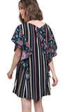 Striped & Floral Ruffle Sleeve Dress, Navy Mix