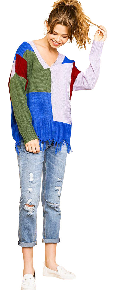 umgee color block frayed hem sweater
