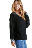 Leopard Print Trimmed Top, Black