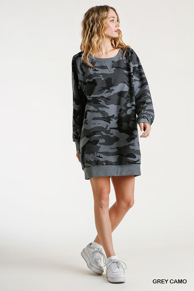 Umgee Camo Raw Edge Dress, Grey XL