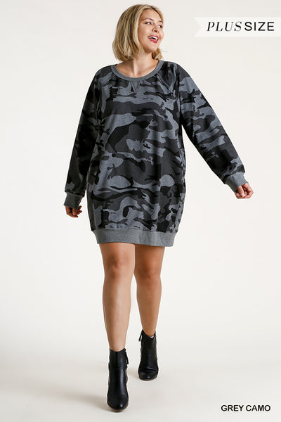 Umgee Camo Raw Edge Dress, Grey XL