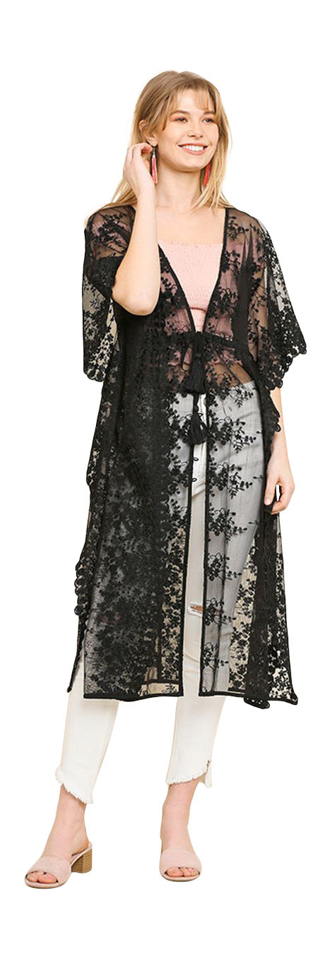 umgee sheer floral lace midi kimono