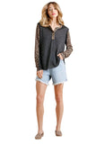 Leopard Trimmed Top, Charcoal