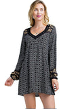 Border Print Swing Dress , Black