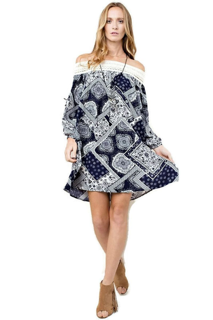Batik Patchwork Off the Shoulder Dress, Beige